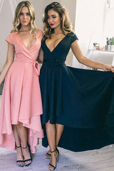 Sexy V-Neck Cap Sleeves Satin High Low Homecoming Dress