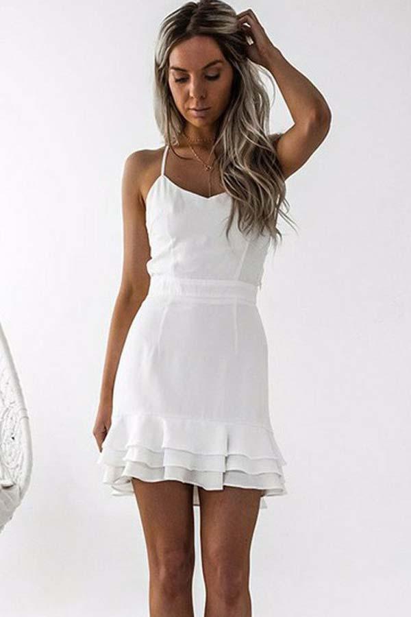 Pleated White Satin Sheath Homecoming Dress with Spaghetti Straps