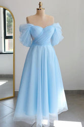 Tulle Off the Shoulder Light Blue Tea Length Prom Dress