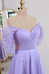 Tulle Off the Shoulder Light Blue Tea Length Prom Dress