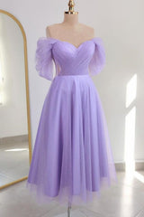 Tulle Off the Shoulder Light Blue Tea Length Prom Dress