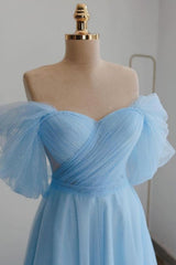Tulle Off the Shoulder Light Blue Tea Length Prom Dress