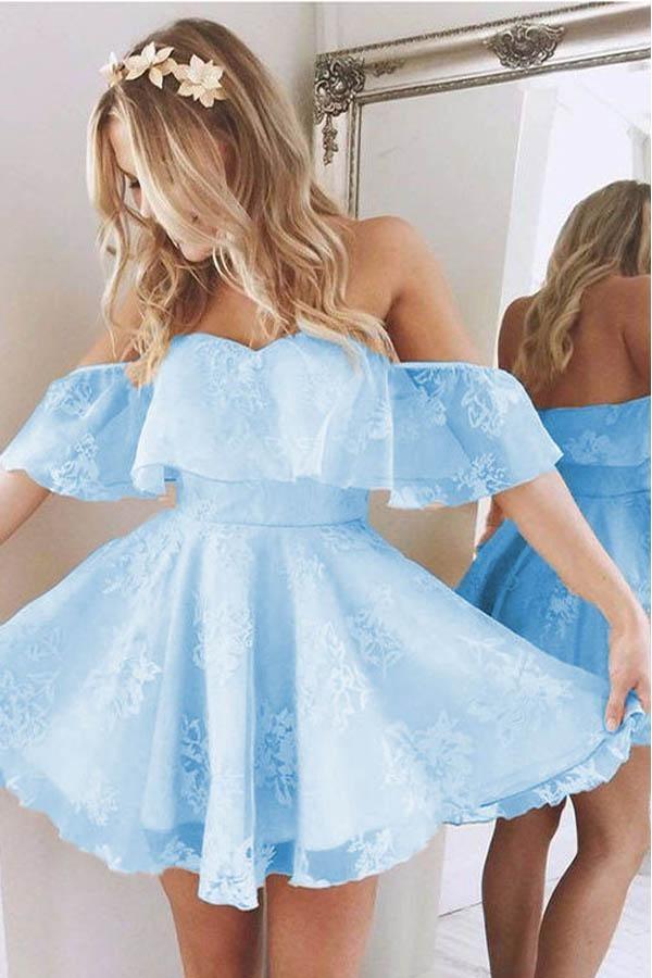 Short A-Line Sweetheart Ruffled Shoulder Cute Lace Homecoming Dress