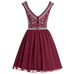 Short Beaded Chiffon Homecoming Dress with V-Back Prom Dress