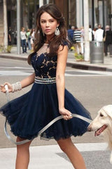 Short Navy Blue Homecoming Dress with Appliques and Beading