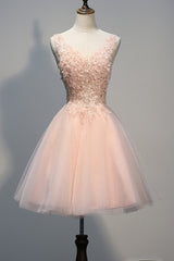 Short Open-Back Pearl Pink Homecoming Dress with Appliques
