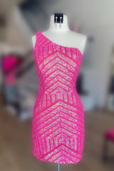 Hot Cute Pink Bodycorn One Shoulder Sequins Short Homecoming Dress