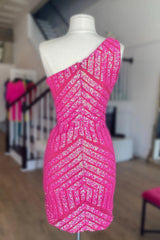 Hot Cute Pink Bodycorn One Shoulder Sequins Short Homecoming Dress