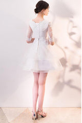 Short White Lace Ruffled Party Dress Homecoming Dress with Half Sleeves