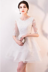 Short White Lace Ruffled Party Dress Homecoming Dress with Half Sleeves