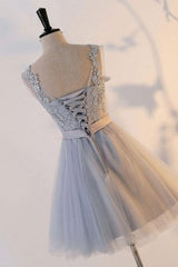 Silver Knot Tulle Homecoming Dress Short Prom Dress with Appliques