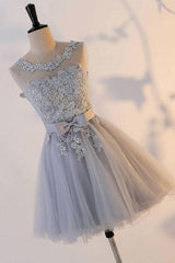 Silver Knot Tulle Homecoming Dress Short Prom Dress with Appliques