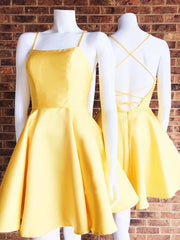 Simple A-Line Cross Back Yellow Short Homecoming Dress with Pockets