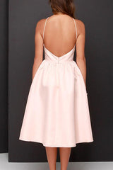 Simple A-Line Pink Backless Tea Length Homecoming Dress Party Dress