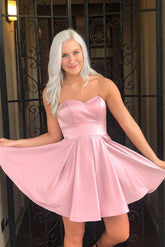 Simple A-Line Strapless Cute Pink Short Homecoming Dresses