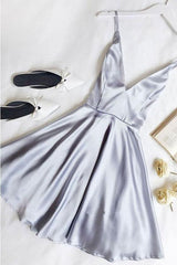 Simple A-Line V-Neck Light Blue Satin Homecoming Dress with Pockets