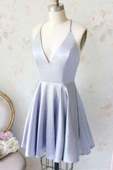Simple A-Line V-Neck Light Blue Satin Homecoming Dress with Pockets