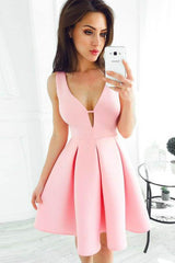 Simple A-Line V-Neck Short Pleated Pink Satin Homecoming Dress
