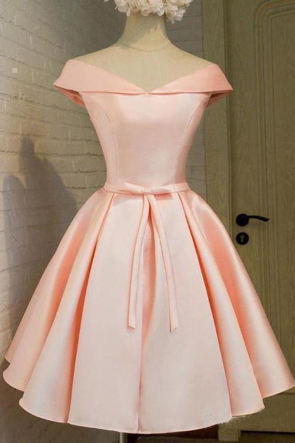 Simple Off the Shoulder Blush Satin Homecoming Dress Graduation Dress