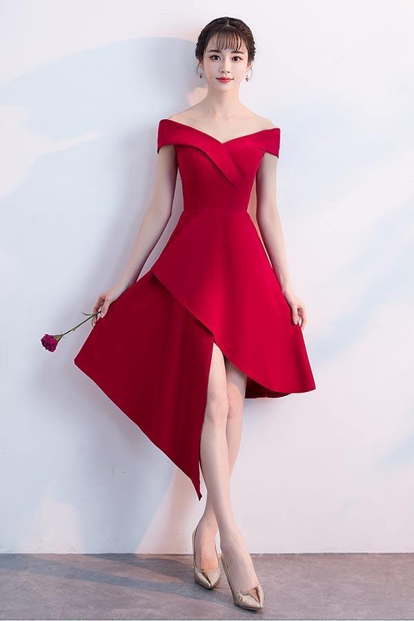 Simple Red Satin Off The Shoulder Homecoming Dress Party Dress
