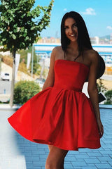 Simple Red Satin Strapless Short Formal Homecoming Dress