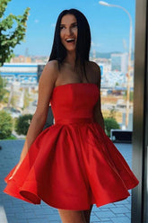Simple Red Satin Strapless Short Formal Homecoming Dress