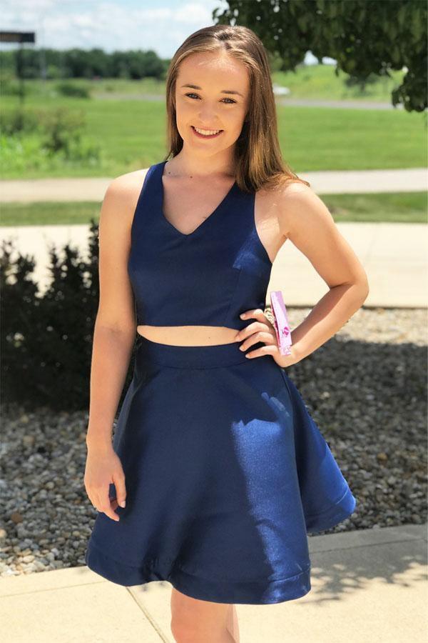 Simple Satin Two-Piece Short Royal Blue Homecoming Dress
