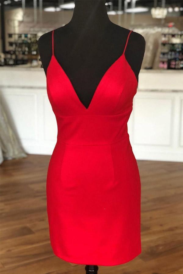 Simple Sheath V-Neck Straps Red Mini Party Dress Homecoming Dress