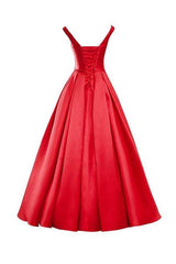 Red Prom Dress Bridesmaid Dress, Simple V-Neck, Bowknot Lace-Up