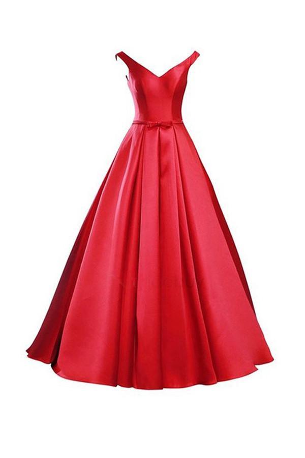 Red Prom Dress Bridesmaid Dress, Simple V-Neck, Bowknot Lace-Up