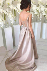 Silver Simple V-neck Sleeveless Bridesmaid Dress, High Low, Sweep Train