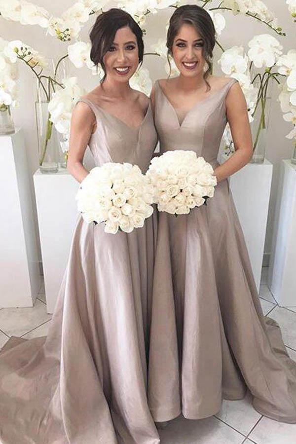 Silver Simple V-neck Sleeveless Bridesmaid Dress, High Low, Sweep Train