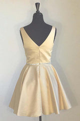 Simple Yellow Homecoming Dress with Broad Straps and V-Neck Beaded