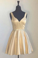 Simple Yellow Homecoming Dress with Broad Straps and V-Neck Beaded