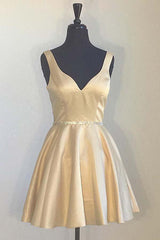 Simple Yellow Homecoming Dress with Broad Straps and V-Neck Beaded