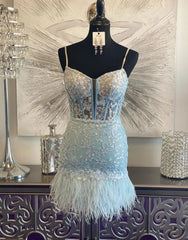 Baby Blue Corset Lace Tight Short Homecoming Dress with Featherss