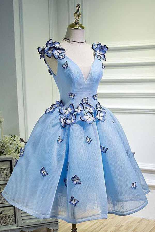 Sky Blue Homecoming Dress with Butterfly Appliques Short Party Dress
