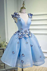 Sky Blue Homecoming Dress with Butterfly Appliques Short Party Dress