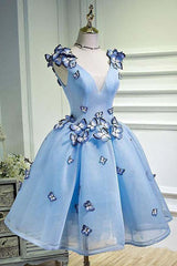 Sky Blue Homecoming Dress with Butterfly Appliques Short Prom Dress