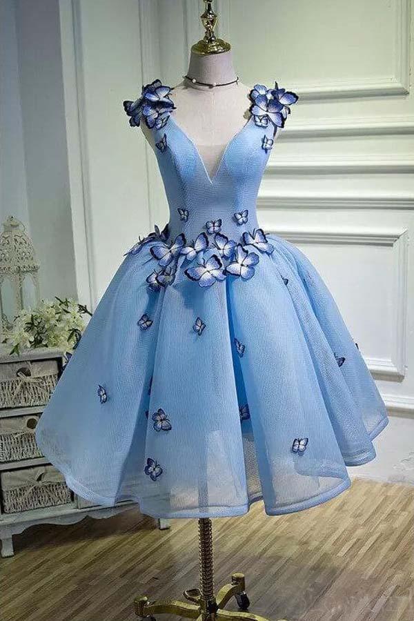 Sky Blue Homecoming Dress with Butterfly Appliques Short Prom Dress