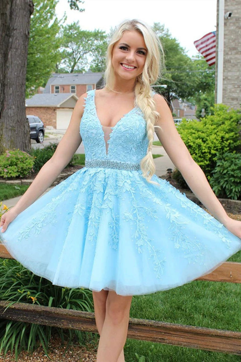 Baby Blue Lace Formal Graduation Homecoming Dress