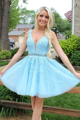 Baby Blue Lace Formal Graduation Homecoming Dress