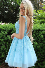 Baby Blue Lace Formal Graduation Homecoming Dress