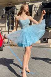 Baby Blue Sequins Lace Beaded Bodice Short Homecoming Dress