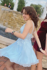 Baby Blue V Neck Tulle Short Homecoming Dresses with Appliques