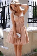 Rose Tulle Mini Homecoming Dress with Lace Applique and Spaghetti Straps