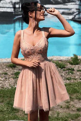 Rose Tulle Mini Homecoming Dress with Lace Applique and Spaghetti Straps