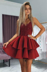 Spaghetti Straps Burgundy Appliqued Homecoming Dress with Beading