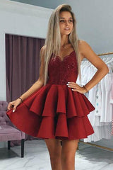 Spaghetti Straps Burgundy Appliqued Homecoming Dress with Beading