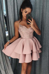 Spaghetti Straps Tiered Pink Satin Homecoming Dress with Sequins